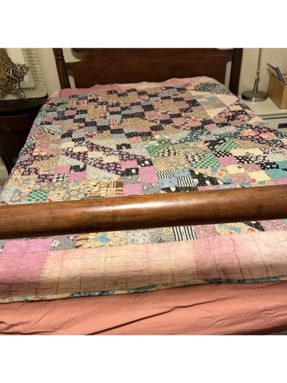 Quilt Vintage HANDMADE PIECE 76x76.5” BLOCKs & Triangles Wellloved showing it